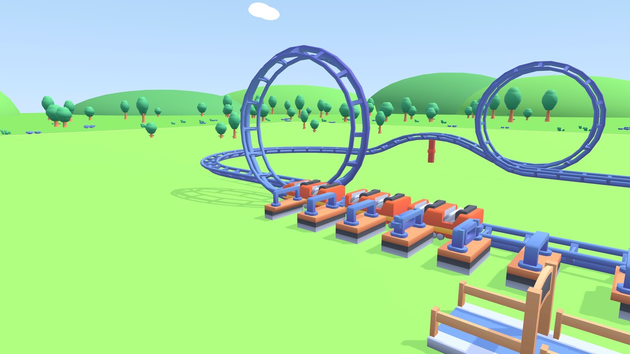 A coaster train heading into a loop beside the station